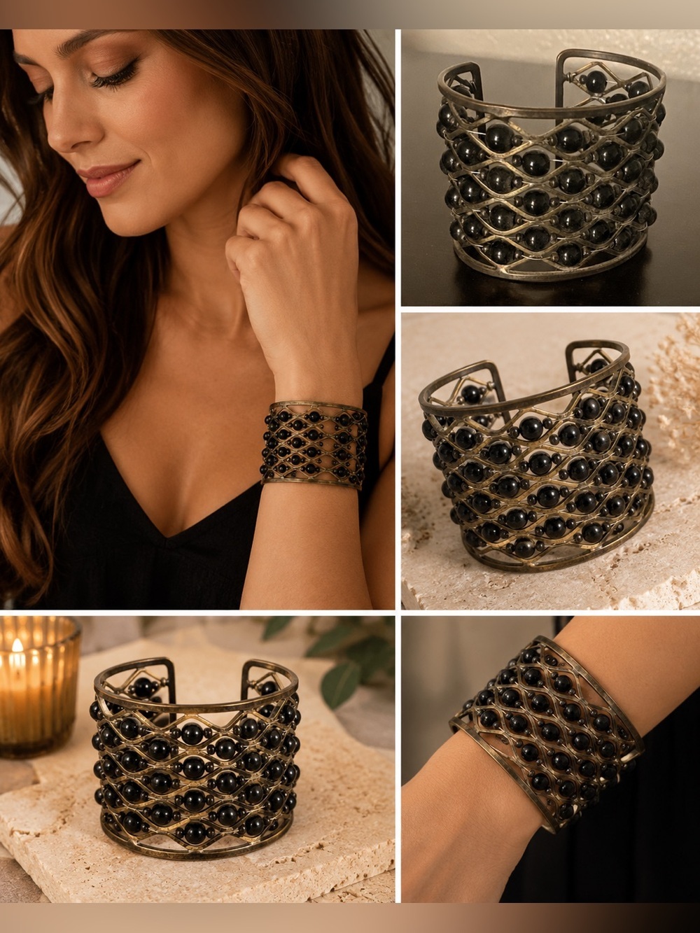 Vintage Black Beaded Cuff Bracelet Wide Metal Statement Boho Jewelry
